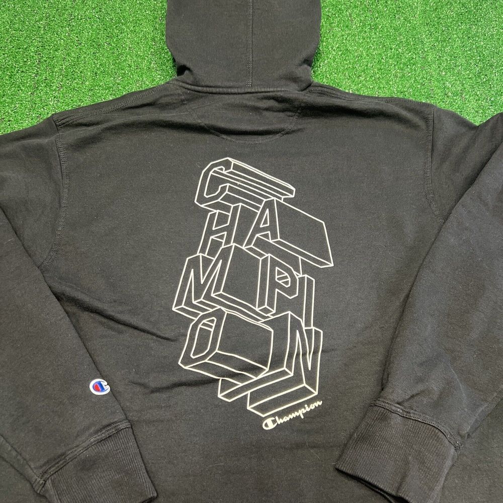Vintage Champion Hoodie Sweatshirt Double‎ Sided Black Size Large